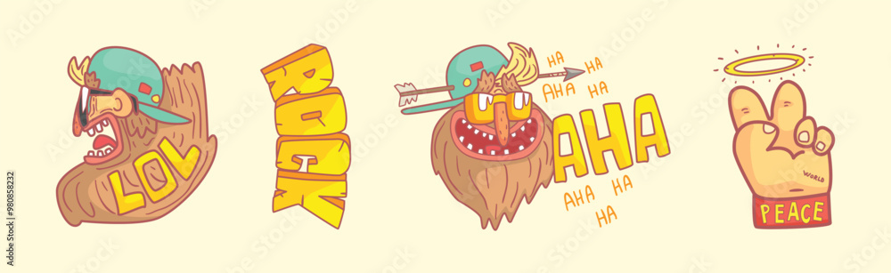 Poster hippie and rock sticker element and object vector set