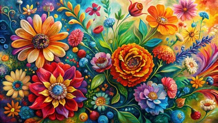 Vibrant fluid abstract expressionism blooms with colorful floral patterns, exuding tenderness and inspiration, an intricately textured oil paint illustration perfect for wall decoration.