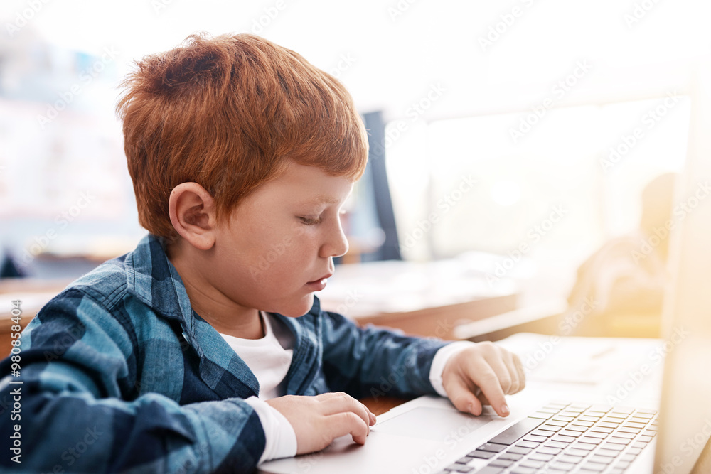 Poster laptop, search and boy in classroom for lesson in growth, child development and technology for educa