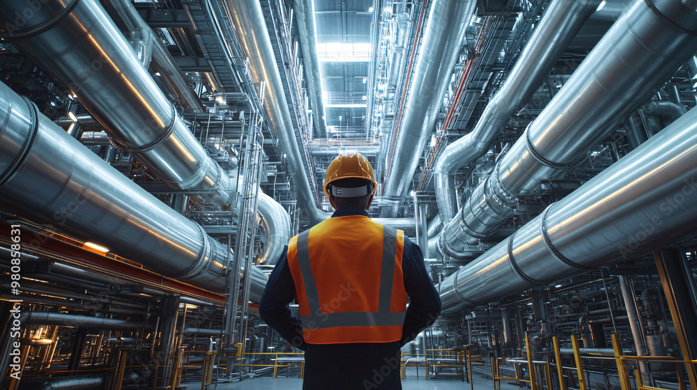 Poster Industrial engineer is overseeing operations in a modern factory with complex piping systems