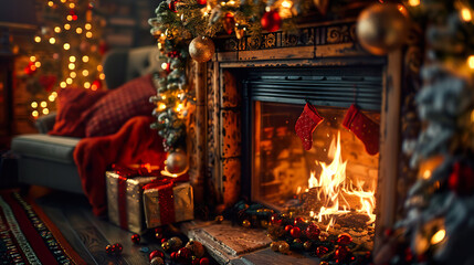 Cozy Christmas Fireplace with Stockings and Gifts