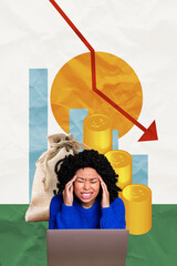 Vertical photo collage of sad american girl sit laptop coin arrow decline chart recession bankrupt...