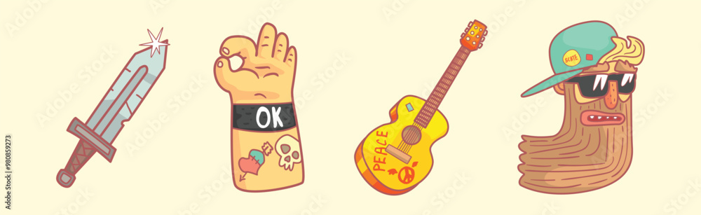 Poster hippie and rock sticker element and object vector set