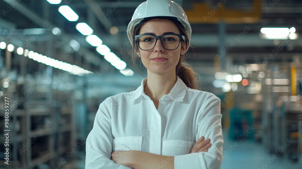 Poster confident female engineer smiling with arms crossed while standing in a factory