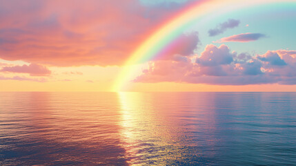 Colorful Rainbow over Serene Ocean at Sunset