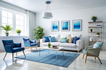 Crisp white walls and furniture complemented by soothing blue accents create a calming and serene atmosphere in this