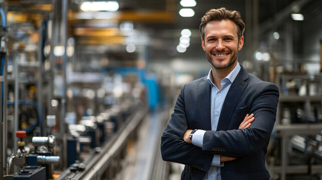 Confident manager in sleek suit stands proudly in bustling factory, with modern machinery in background. Happy smile reflects entrepreneurial spirit in world of automation
