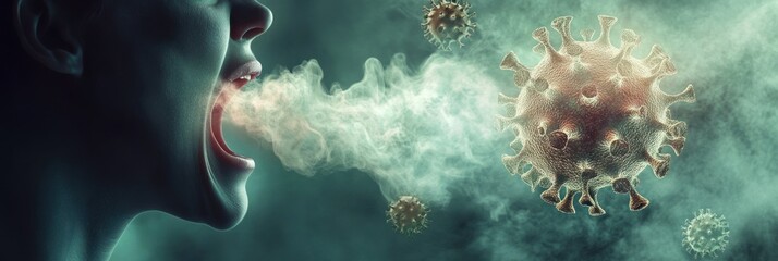 Person exhaling virus particles into the air, artistic close-up
