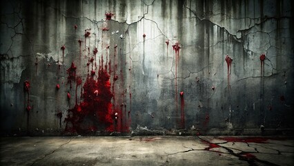 Dark, ominous, and eerie scene featuring a worn, blood-splattered concrete wall with cracks and peeling paint, evoking