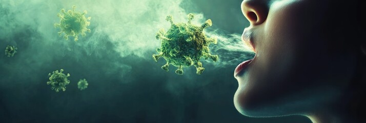 Green virus particles and human breath interaction