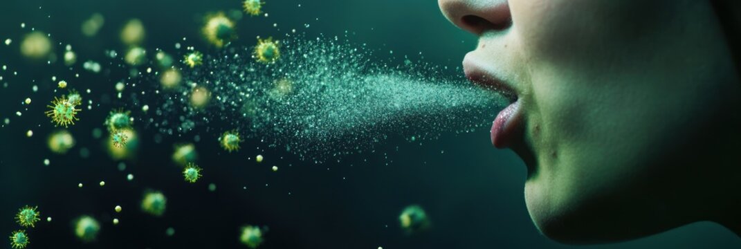 Mystical depiction of green virus particles being exhaled
