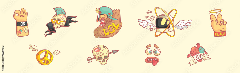 Poster hippie and rock sticker element and object vector set