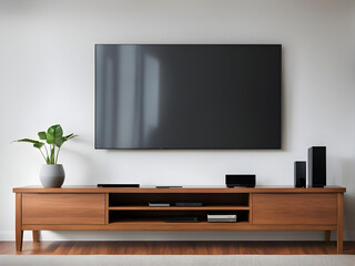 Living room interior with TV. Blank screen television on the table. Television put on tv stand wood table, in minimal empty space. Modern television in living room.