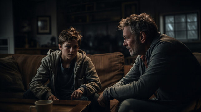 Father-son serious discussion on couch in dimly lit room