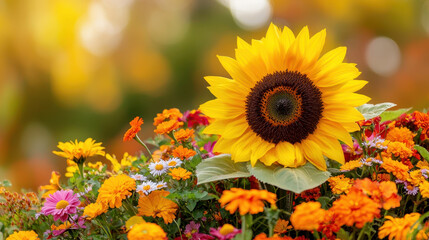 Fototapeta premium Vibrant sunflower surrounded by a colorful array of seasonal flowers, capturing the beauty of a blooming garden during summer