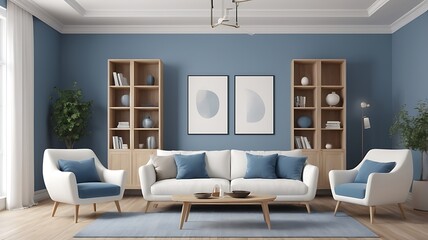 Modern living room interior design with white sofa and blue armchairs