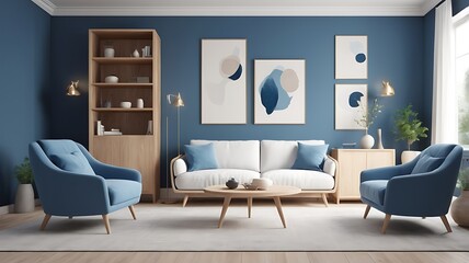 Modern living room interior design with white sofa and blue armchairs