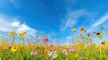 Vibrant wildflower field under a clear blue sky, showcasing a variety of colorful blooms and natural grasses swaying gently in the breeze