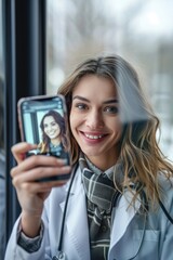 Smiling Female Doctor Taking a Selfie with Smartphone in Clinic