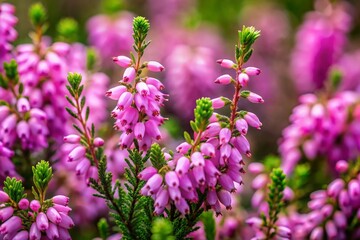 Obraz premium Delicate pink false heather flowers bloom amidst lush green foliage, creating a vibrant and serene atmosphere in this