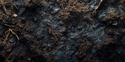Fototapeta premium Close-up view of dark, rich soil with organic matter and texture.