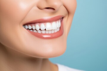 Obraz premium Women showing beautiful white smile teeth adult blue.