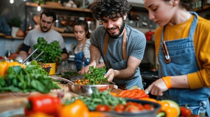 Group of friends preparing fresh meal. This image is perfect for websites or blogs related to food, cooking, or friendship.