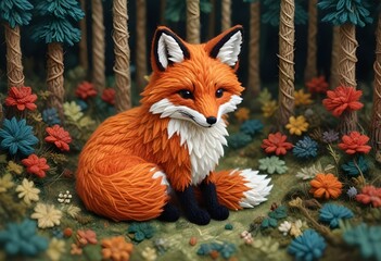 Fototapeta premium A detailed needlework depiction of a fox sitting in a vibrant forest, surrounded by intricately embroidered flowers and trees. The craftsmanship of the textures