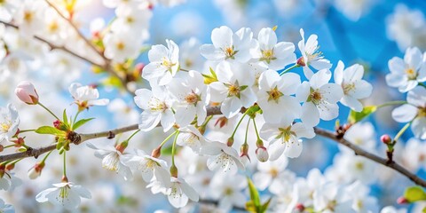Fototapeta premium Delicate white cherry blossoms unfold against a soft blue sky, their intricate petals and slender branches evoking a