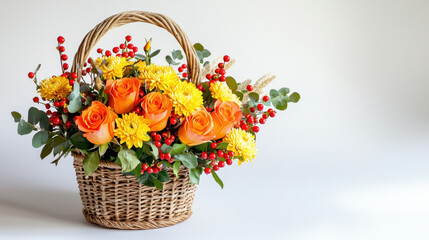 Brightly colored floral arrangement featuring orange roses, yellow chrysanthemums, and red berries in a woven basket against a light background