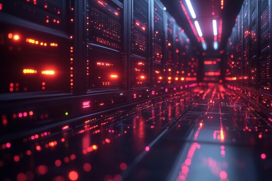 hightech server visualization futuristic network display showcases complex data connections glowing lines and nodes create mesmerizing pattern against sleek hardware backdrop