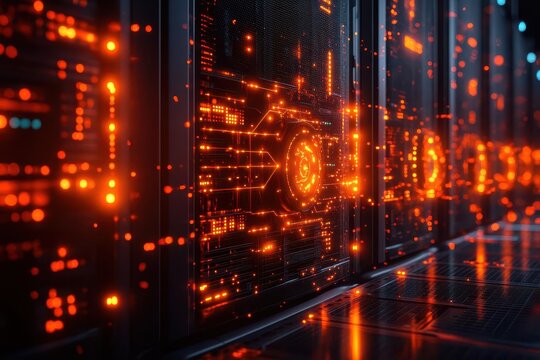 hightech server visualization futuristic network display showcases complex data connections glowing lines and nodes create mesmerizing pattern against sleek hardware backdrop