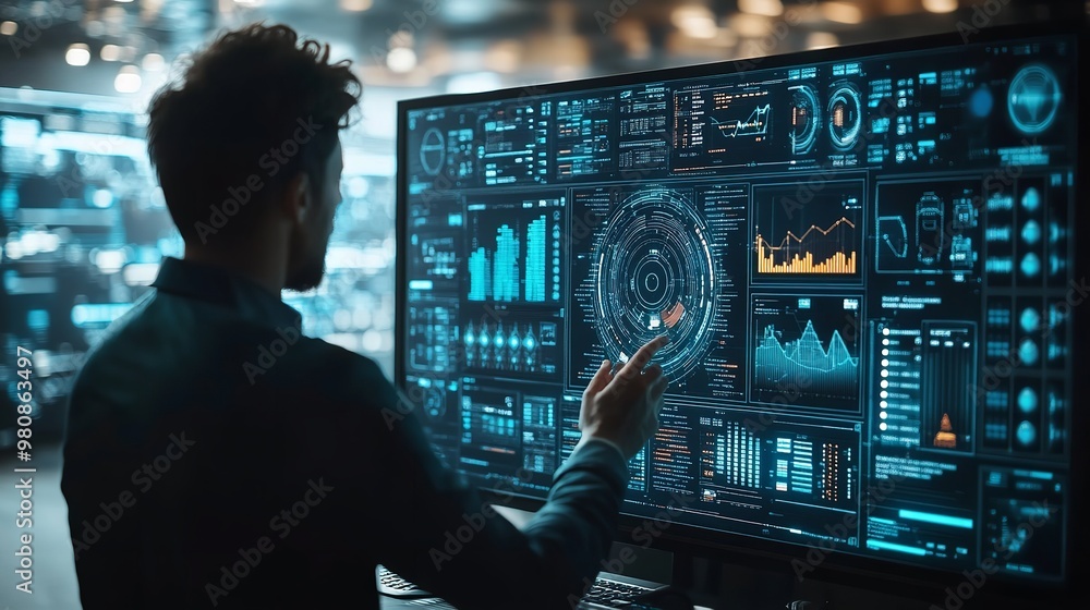 Poster analyzing global data trends in a high-tech control room during the evening hours