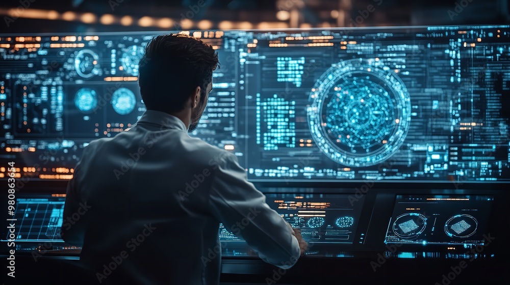Poster analyzing global data trends in a high-tech control room during the evening hours