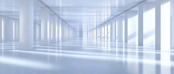 Obraz premium Empty white hallway with pillars and windows casting long shadows.