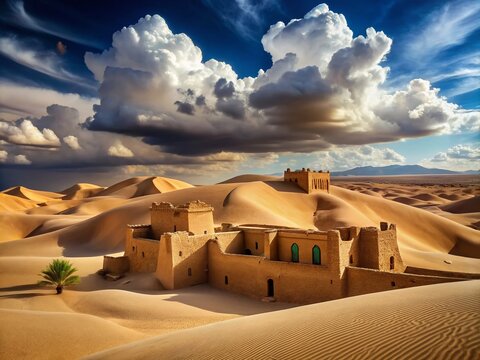 Desert landscape with ancient earthen architecture and scenic sand dunes, cloudy blue sky, and intriguing ancient