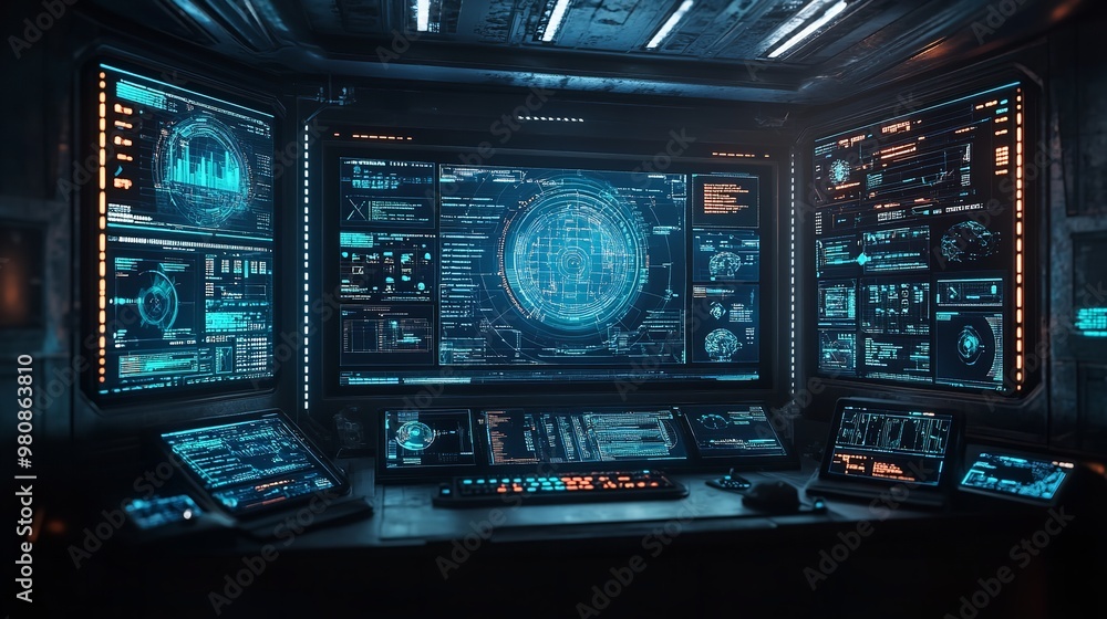 Poster analyzing global data trends in a high-tech control room during the evening hours