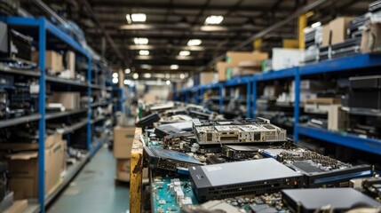 Naklejka premium A recycling facility where old electronic devices are dismantled and their components sorted for reuse, emphasizing the circular economy's role in reducing electronic waste.