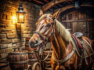 Obraz premium A horse in a dimly lit pub, wearing a saddle and holding a beer mug with its teeth, surrounded by wooden barrels and rustic ambiance.