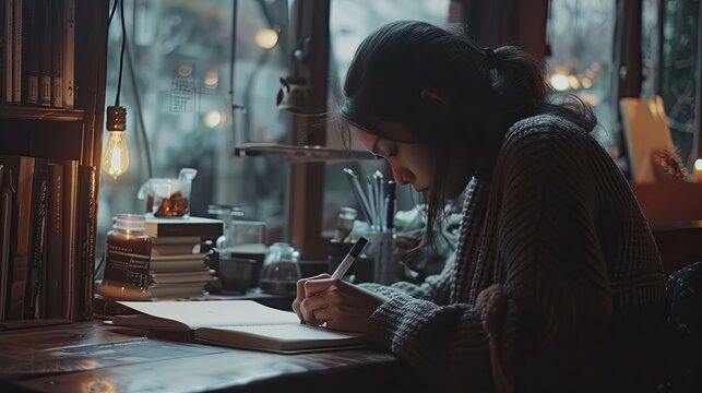 A woman writes in a notebook. This photo is ideal for representing work, study, or writing.