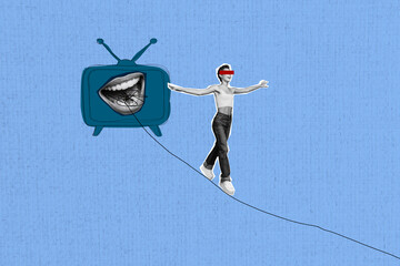 Composite photo collage of silly girl walk rope risk tv mass media brainwash mouth propaganda...