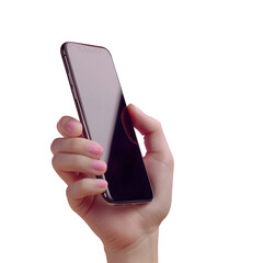 iPhone mockup on Hand holding the PNG of smartphone iphone14 with blank screen and modern frameless design, hold Mobile phone on transparent background