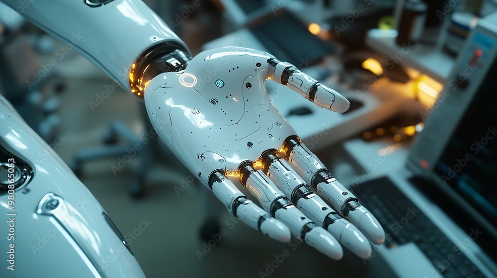 Aufkleber a robot hand with neural connections presses a keyboard on a laptop. high-tech concept.