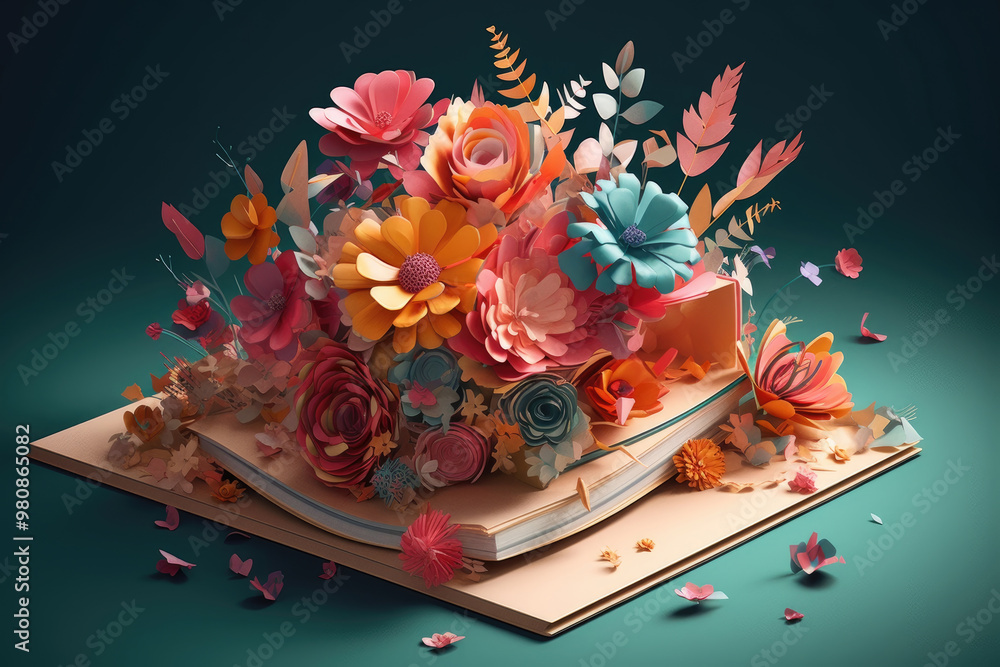 Aufkleber an open book showcases a vibrant array of colorful paper flowers, blending creativity and nature in 