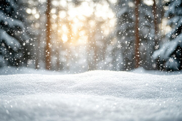 Fototapeta premium Winter snow scene with blurred forest and snowflakes