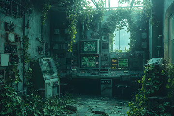 Abandoned futuristic laboratory, overgrown with vines, broken machinery, eerie atmosphere, neon lights
