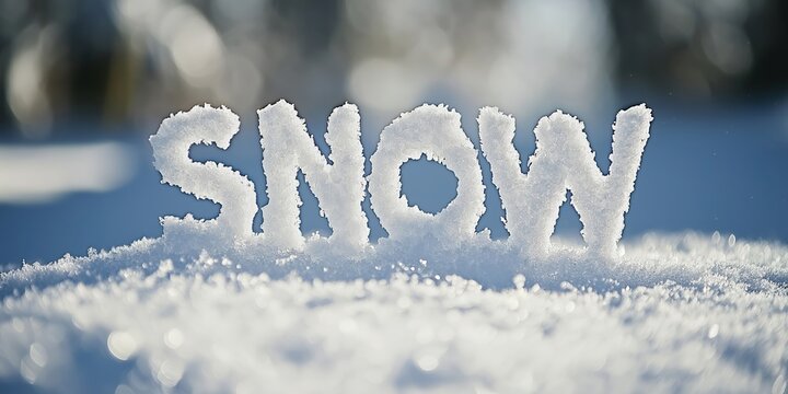Snow is written in the snow on the ground. The snow is white and the letters are also white