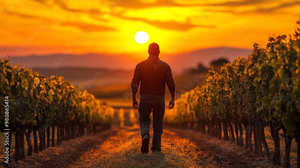 Poster a man walks through a field of grape vines. the sun is setting in the background, casting a warm glo