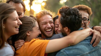 Group of friends embrace and laugh. This photo showcases the joy and happiness of genuine friendship, perfect for illustrating concepts of camaraderie and togetherness.