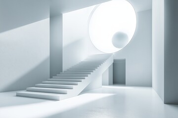 Fototapeta premium A white room with a white staircase and a white ball in the middle